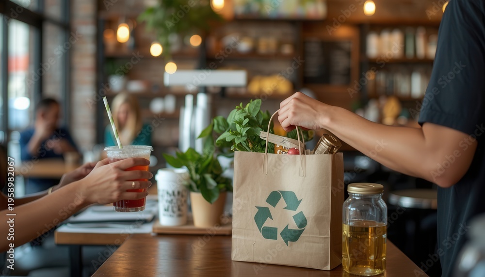 custom made wallpaper toronto digitalEco-Friendly Cafe Exchange: An environmental conscious cafe environment, a person hands over a recyclable bag filled with groceries to another person.