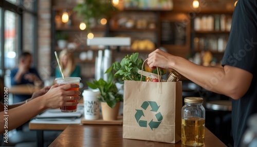 Wallpaper Mural Eco-Friendly Cafe Exchange: An environmental conscious cafe environment, a person hands over a recyclable bag filled with groceries to another person. Torontodigital.ca