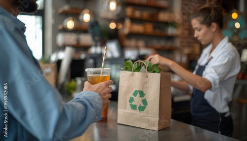 Wallpaper Mural Eco-Conscious Cafe Service: A mindful scene unfolds in a cozy cafe, where a barista hands a takeaway bag to customer, symbolizing sustainable living and environmental friendliness.  Torontodigital.ca