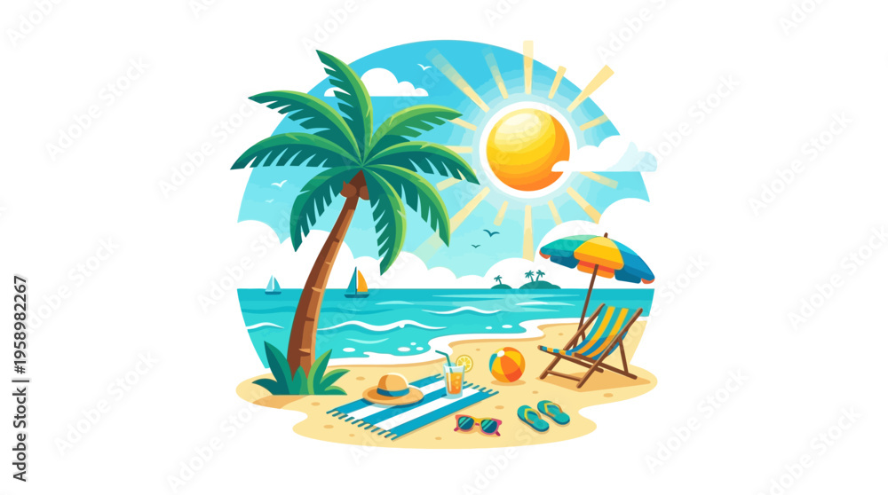 Obraz premium Tropical Beach Scene with Palm Tree and Lounge Chair.