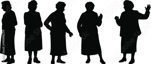 Elderly women silhouette set, senior female poses, standing gestures, black vector illustration, old people collection, isolated design, human figure concept