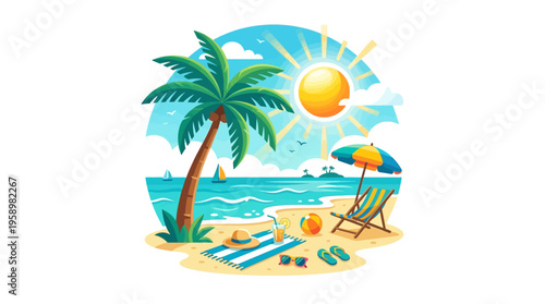 Tropical Beach Scene with Palm Tree and Lounge Chair.