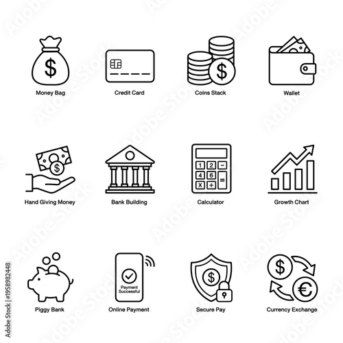 12 Finance, Banking, and Payment Method Line Icons Set
