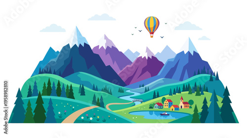 Vibrant Mountain Landscape with Village and Hot Air Balloon.