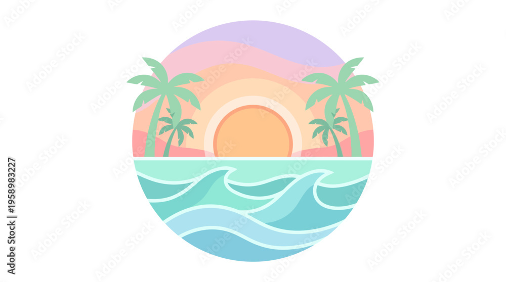 Obraz premium Tropical Sunset Over Ocean Waves with Palm Trees.