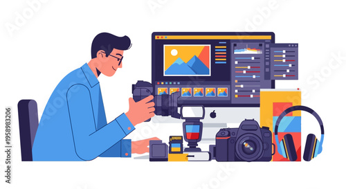 Video Editor Working on Computer with Camera Gear.