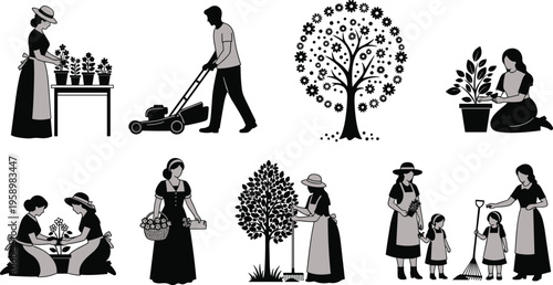 Gardening and outdoor activity silhouettes, family nature scene, planting, lawn care, fruit picking, community garden, eco lifestyle, black illustration design background