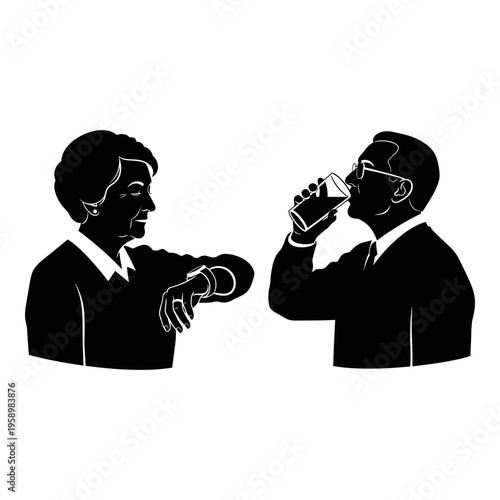 Professional woman offering her wristwatch to a man drinking from a bottle Vector, illustration