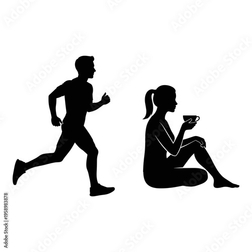 Contrast between active lifestyle and relaxation with morning beverages Vector, illustration