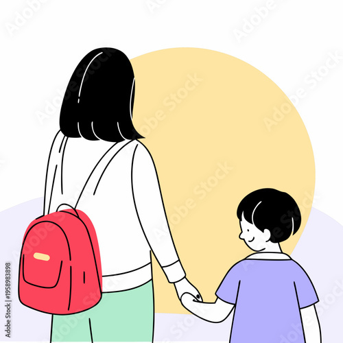 Search:
Rear view of a mother holding her young childs hand as they walk together, the child wearing a bright orange backpack.
