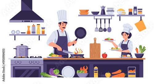 Two chefs cooking in a professional kitchen.