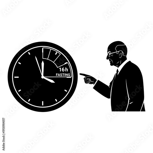 Man pointing to a clock indicating a 16-hour fasting period Vector, illustration