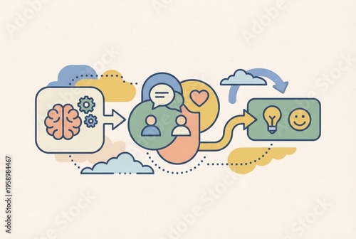 Visual representation of cognitive processes illustrating connections between brain function communication and emotional responses expressed through creative interactions and innovative thinking