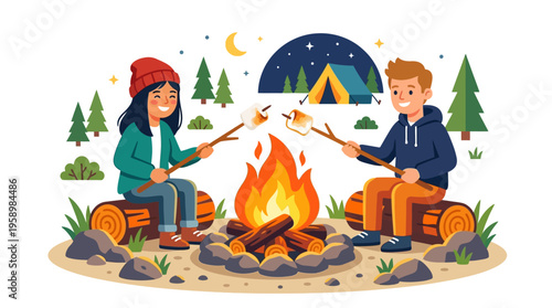 Two friends enjoying roasting marshmallows over a campfire.