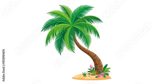 Vibrant Palm Tree Illustration on Sandy Island with Tropical Flowers.