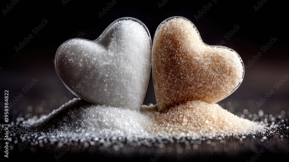 Fototapeta premium Heart-Shaped Sugar and Brown Sugar on Dark Wooden Surface in Gourmet Food Styling