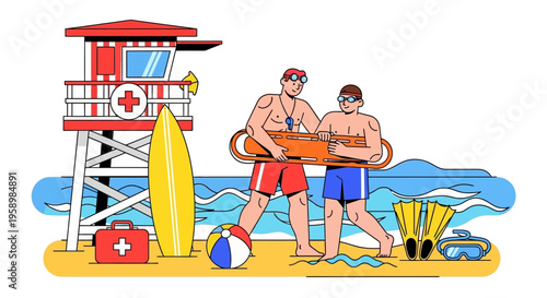 Two lifeguards carrying rescue buoy on beach.