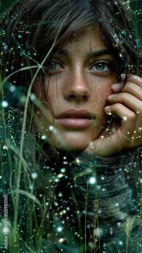 Cinematic portrait of Mediterranean woman among glowing bioluminescent jungle plants and flowers at twilight for mystical nature concept.