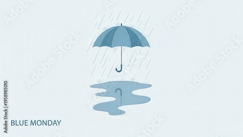Blue Monday concept with umbrella in rain.