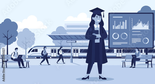 Young Woman Graduate in Cap and Gown Standing Proudly.