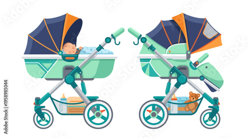 Two Modern Baby Strollers Side By Side Illustration.