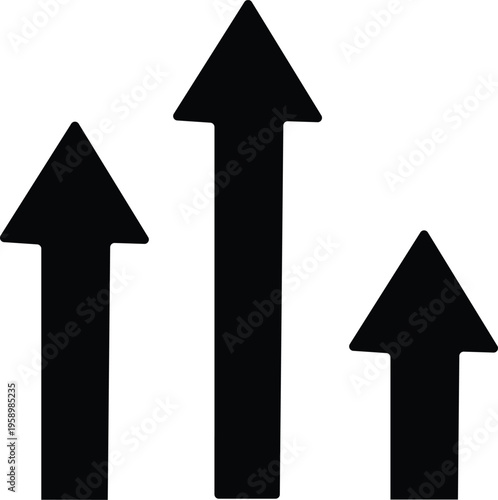 Three black arrows pointing upwards on white background  upward direction symbols  growth and progress icons