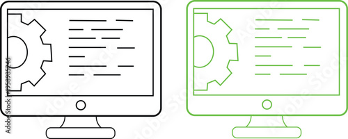 Computer monitors with gear icons on screens side by side one black and one green on white background