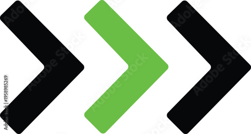 Three chevron right arrow signs in black and green colors for navigation direction indication  modern simple design