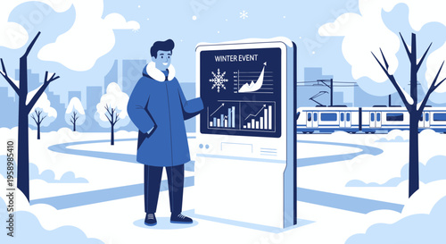 Man presenting winter weather data on digital screen.