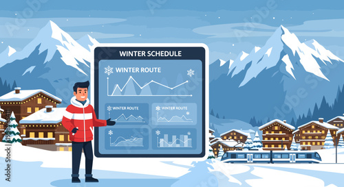 Man Presenting Winter Schedule Data on Interactive Screen.