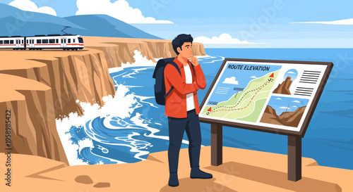 Man studying map on cliff overlooking ocean.