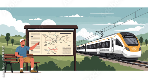 Man sitting on bench pointing at train map.