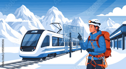 Man with backpack and climbing gear ready for adventure.