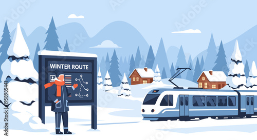 Man studying winter route map near train station.