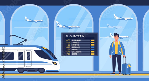 Man with suitcase waiting for train and flight.