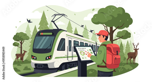 Man with backpack checking map near train.