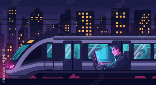 Man reading on modern train at night cityscape.