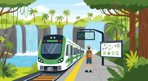 Modern Green Train Arriving at Tropical Station Platform.