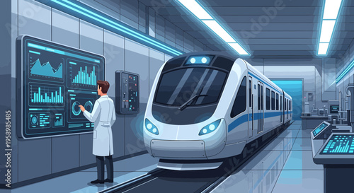 Modern High Speed Train in Futuristic Station Control Room.