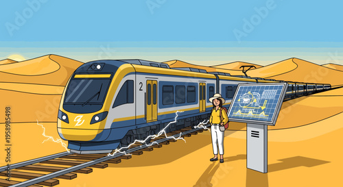 Modern HighSpeed Train Traveling Through Desert Landscape.