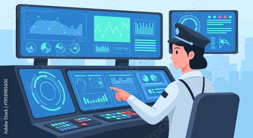 Security officer monitoring complex digital surveillance system screens.