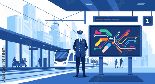 Station master in uniform standing proudly on platform.