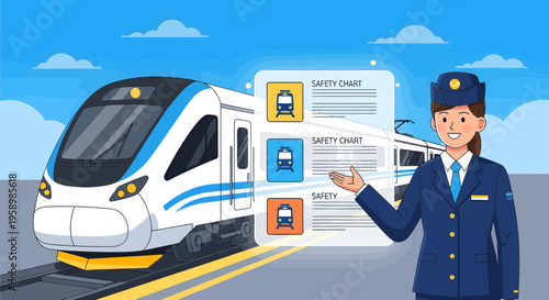 Train conductor explaining safety guidelines next to a modern train.