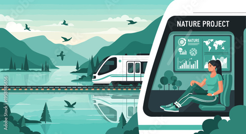 Woman in futuristic train observing nature project data.