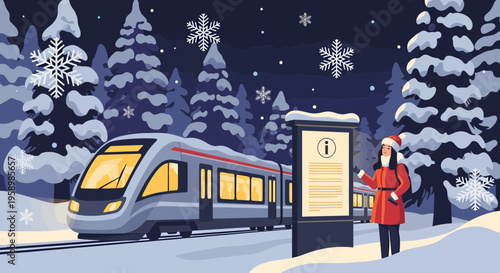 Woman in winter coat and hat at train station information kiosk.