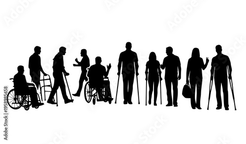 Inclusive people silhouettes with disabilities wheelchair crutches walker social interaction vector illustration isolated on white