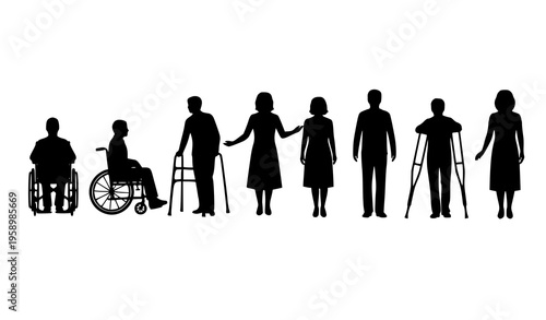 Mobility diversity silhouette set wheelchair walker crutches inclusive people vector illustration isolated on white background