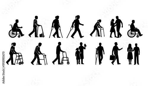 Accessibility icon set mobility disability silhouettes wheelchair crutches walker inclusive vector isolated on white background