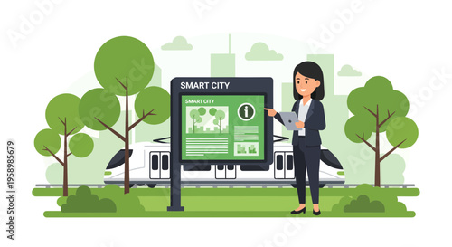 Woman Interacting With Smart City Information Kiosk.