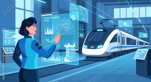 Woman Interacting with Futuristic Train Technology Interface.